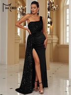 One-Shoulder Sequin Velvet Gown