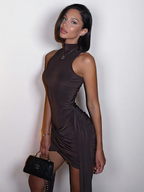 Ruched Asymmetric Mini Dress – High Neck with Draped Slit