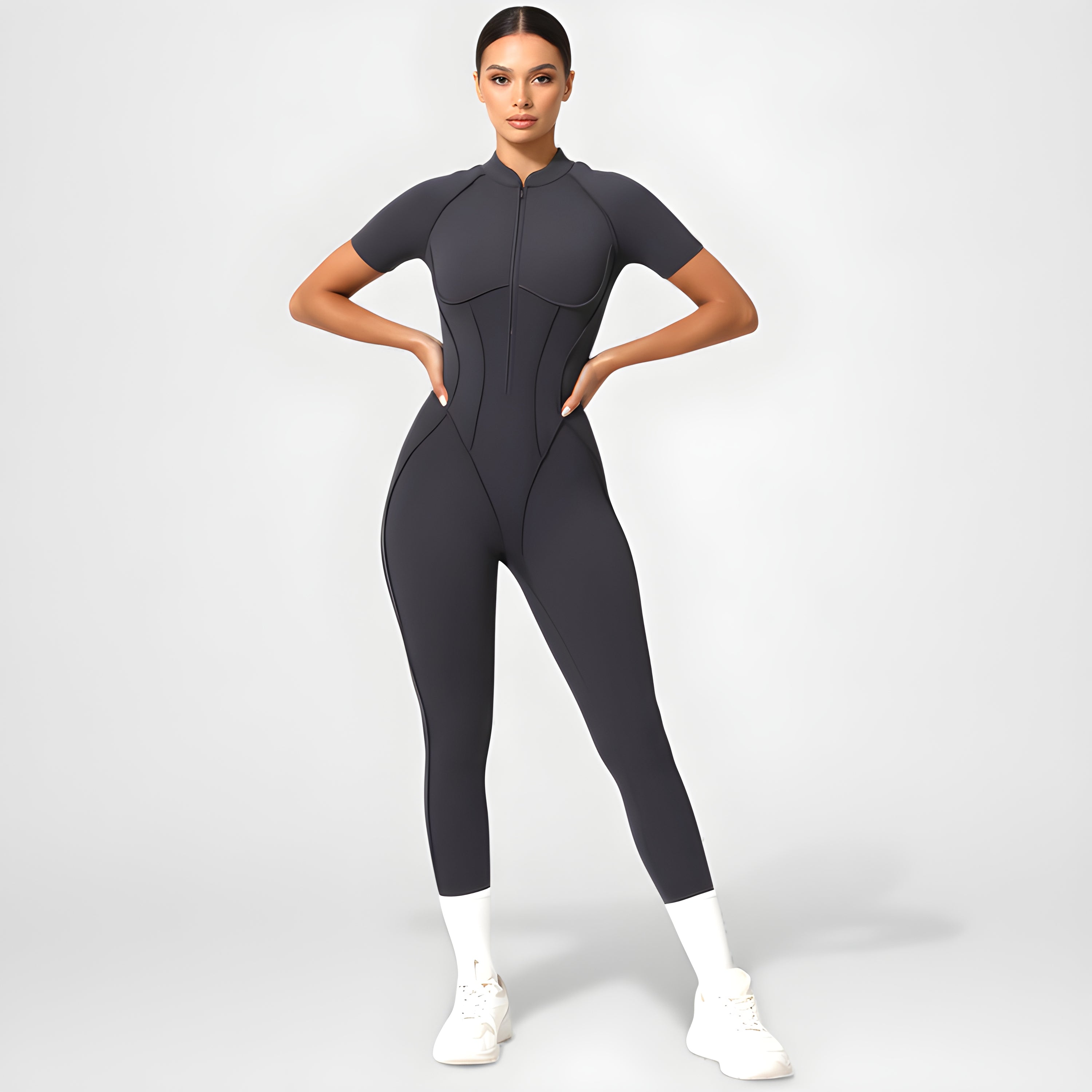 Backless Zip Yoga Jumpsuit -Gray