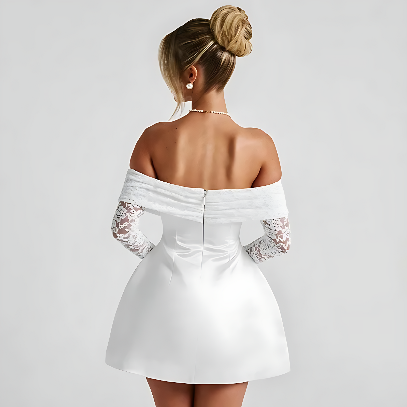 Off-Shoulder Mini Dress – A-Line Fit with Lace Long Sleeves
