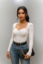 Sweetheart Ribbed Knit Top – Slim Fit Long Sleeve Basic