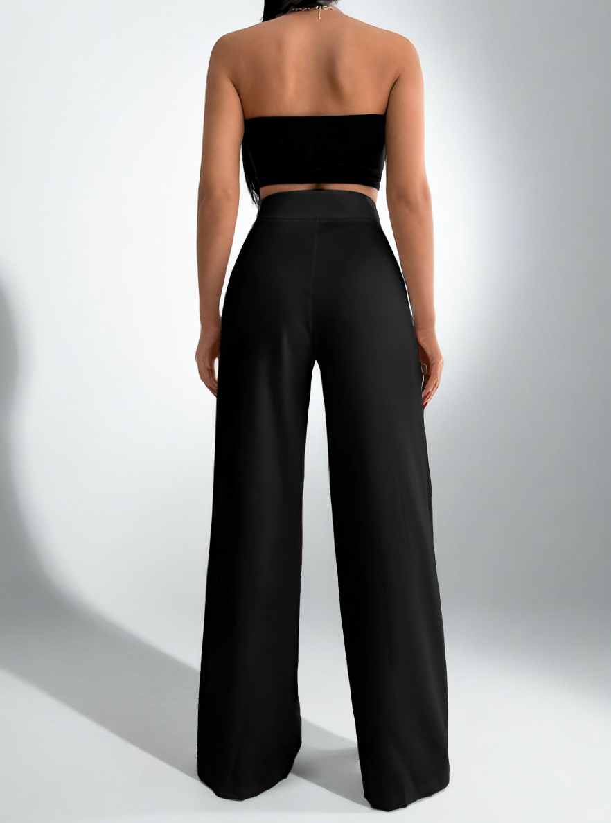 Pantalon boutonné taille haute – Style noir élégant à jambe droite