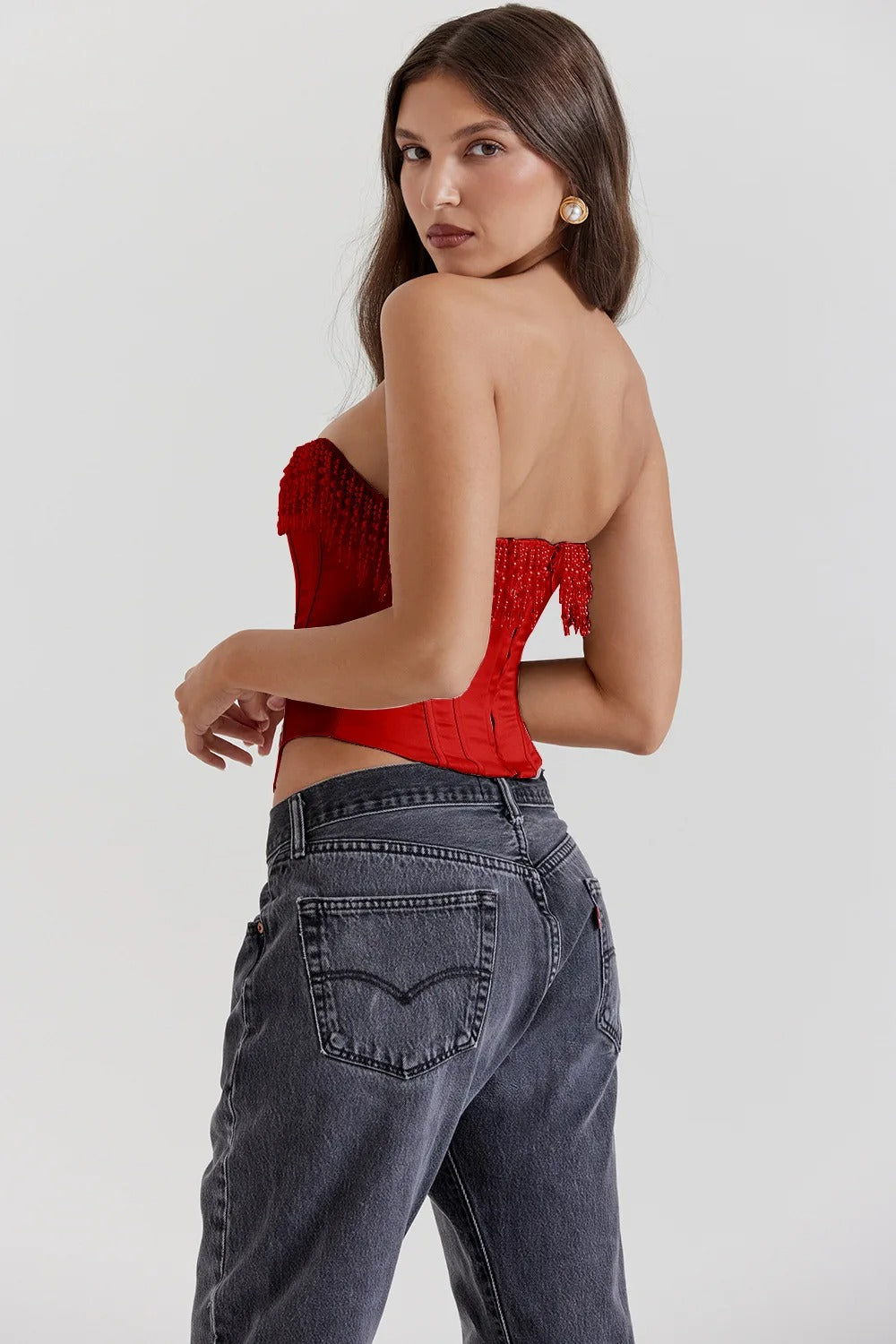 Korzetový top Aubrie Pearl Fringe s kosticemi