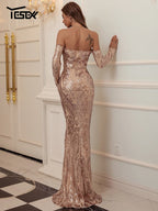 Off-Shoulder Sequin Maxi Dress