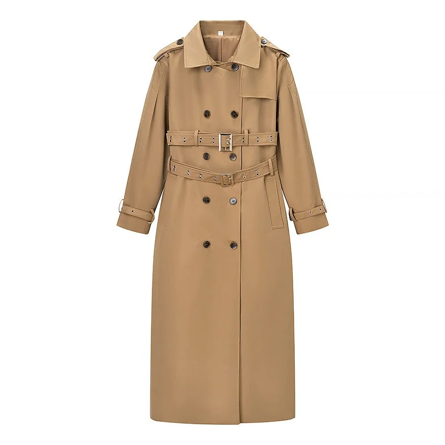 Damen-Trenchcoat mit Gürtel und doppelter Knopfleiste – Lange, schmal geschnittene Herbstjacke