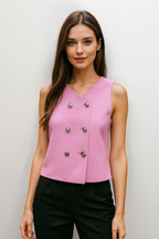 Women’s Cropped Pink Vest – Double-Breasted Sleeveless Top