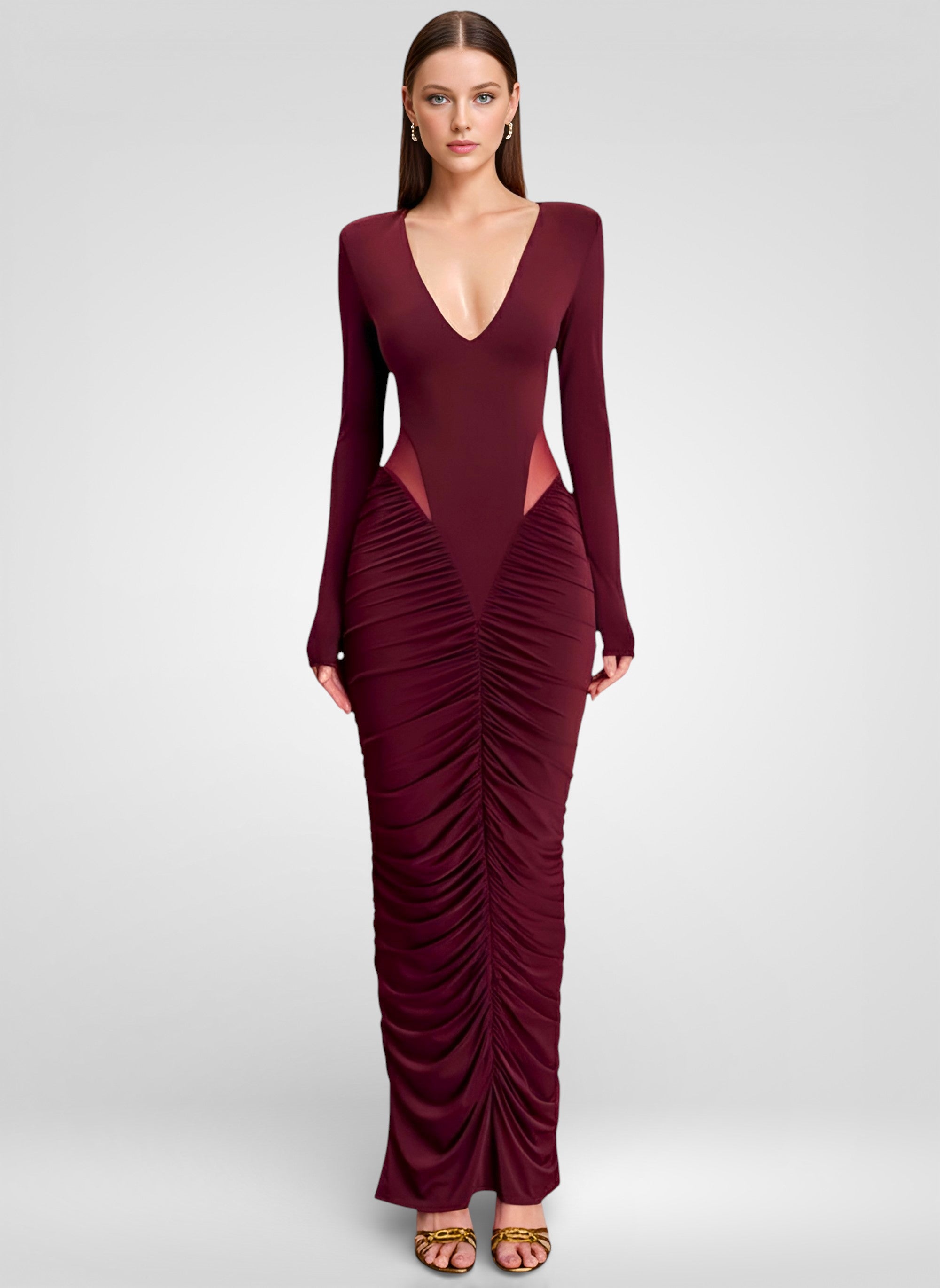 Elegantes Maxikleid aus Mesh mit tiefem V-Ausschnitt