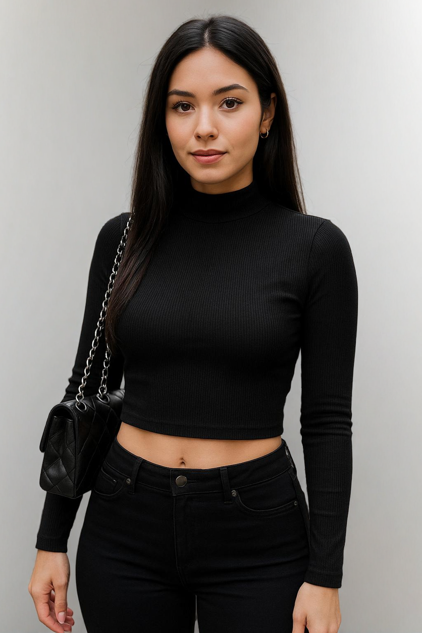 Žebrovaný rolák Crop Top – Dlouhý rukáv Slim Fit