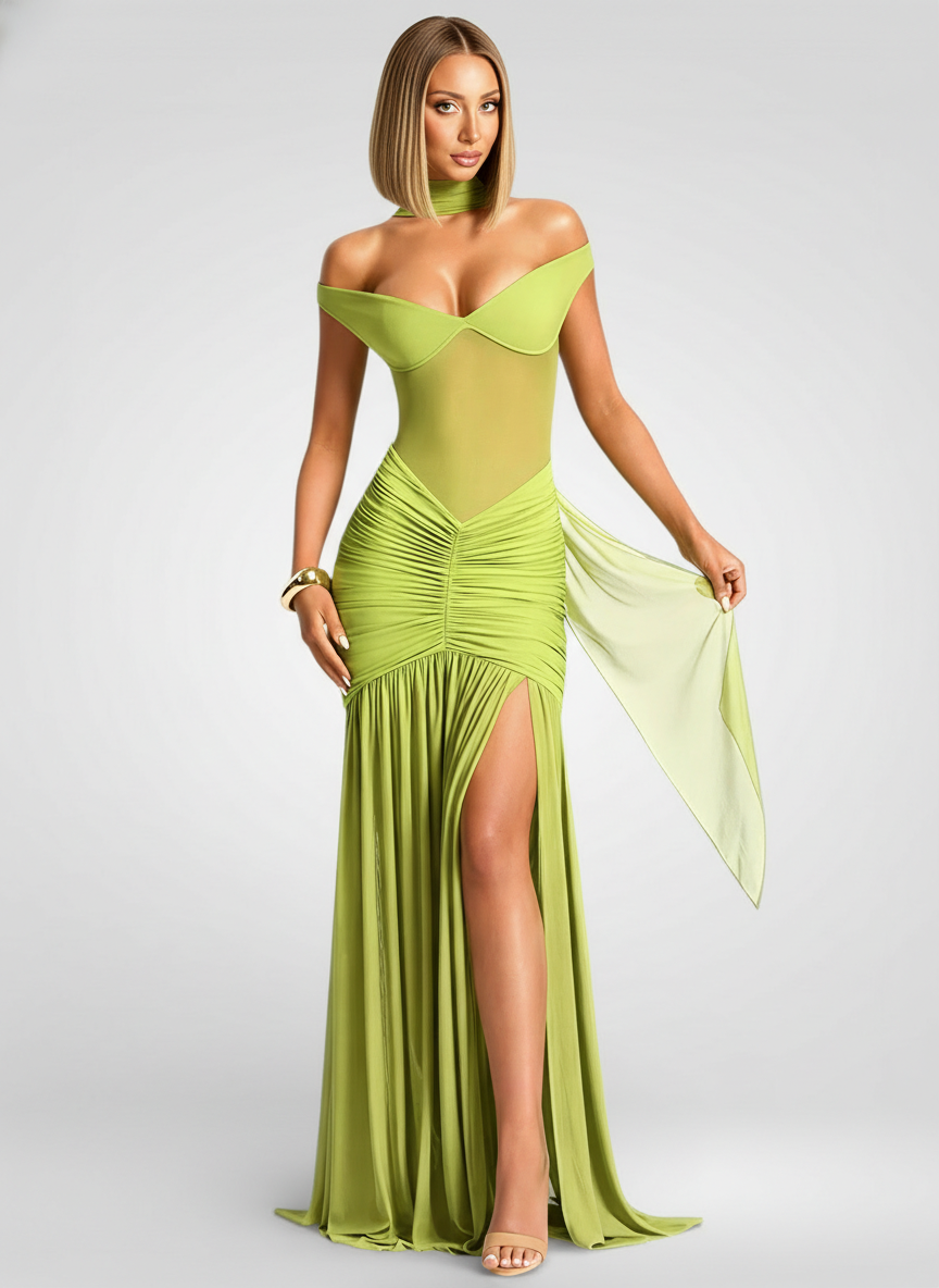 Off-Shoulder Halter Split Maxi Dress