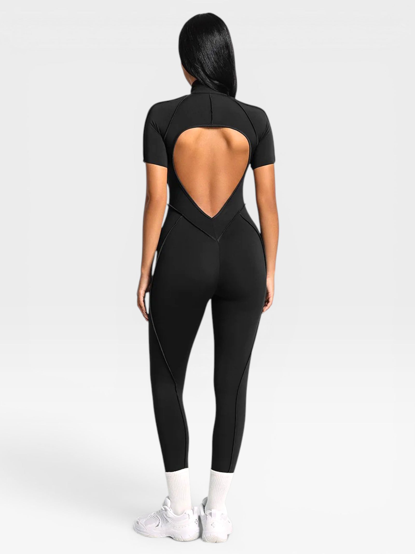 Backless Zip Yoga Jumpsuit -Black