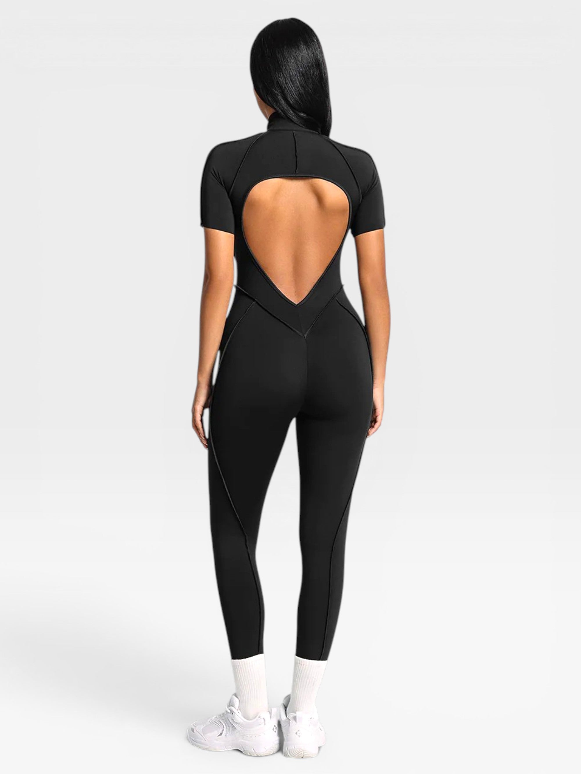 Backless Zip Yoga Jumpsuit -Black