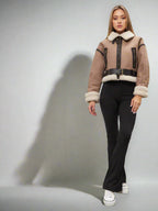 Dámská termo bomber bunda z ovčí kůže – silný vintage zimní kabát s šerpou a klopou 