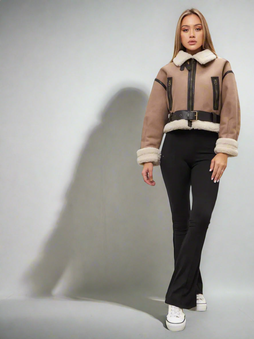 Dámská termo bomber bunda z ovčí kůže – silný vintage zimní kabát s šerpou a klopou 