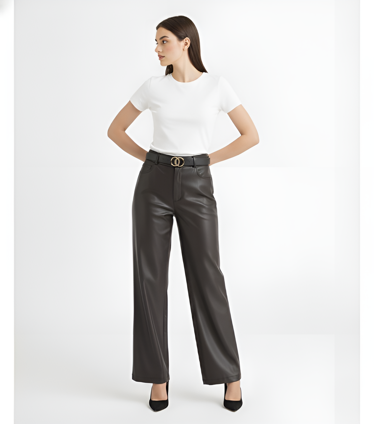 Wide-Leg Leather Pants -Brown