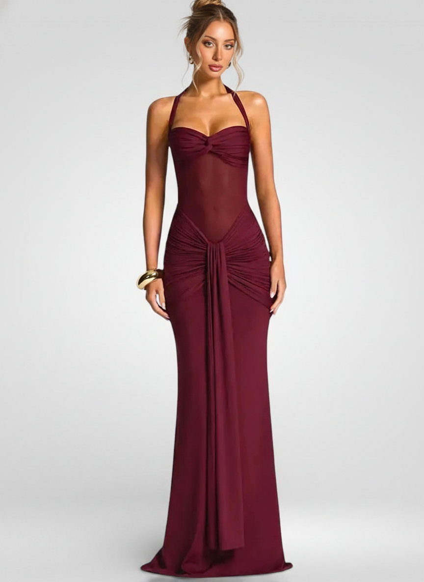 Ruched Halter Off-Shoulder Maxi Dress