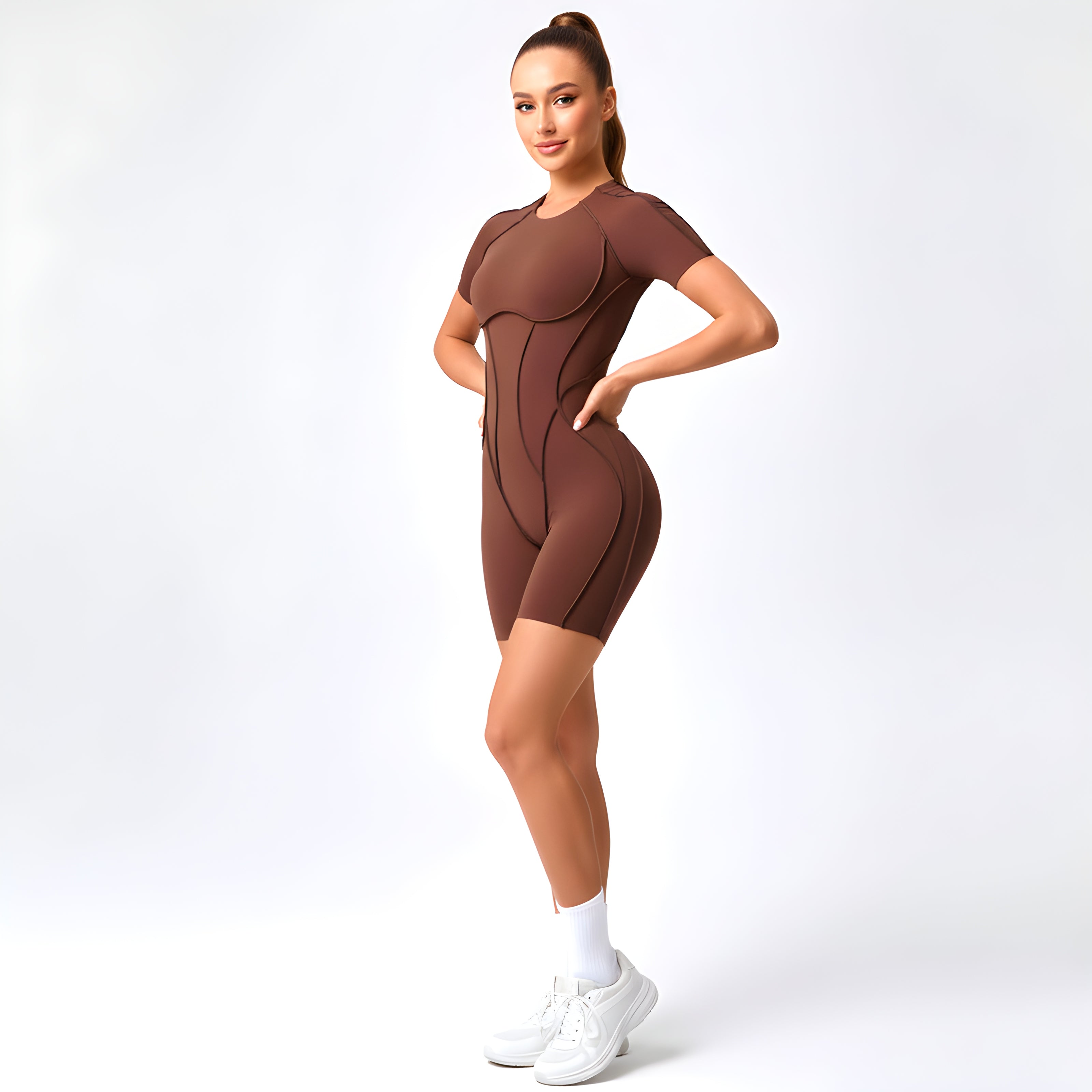 Contour Fit Yoga Romper -Brown