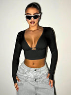 Deep V-Neck Long Sleeve Crop Top