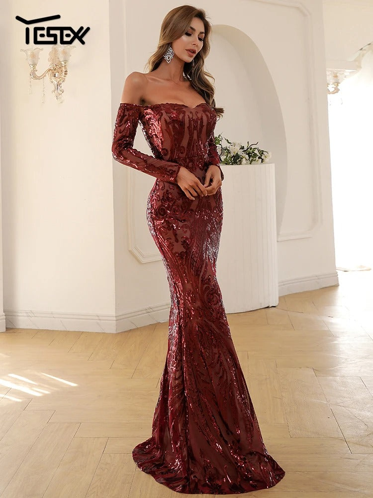 Off-Shoulder Sequin Maxi Dress