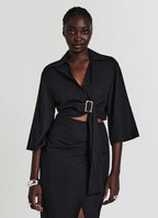 Women's High V-Neck Buckle Knot Shirt  – Slim Fit Long Sleeve Autumn Top