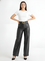 Wide-Leg Leather Pants -Black