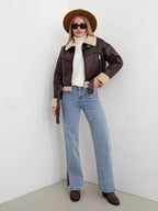 Dámská moto bunda z PU ovčí kůže – krátký motorkářský kabát s páskem na zimu 