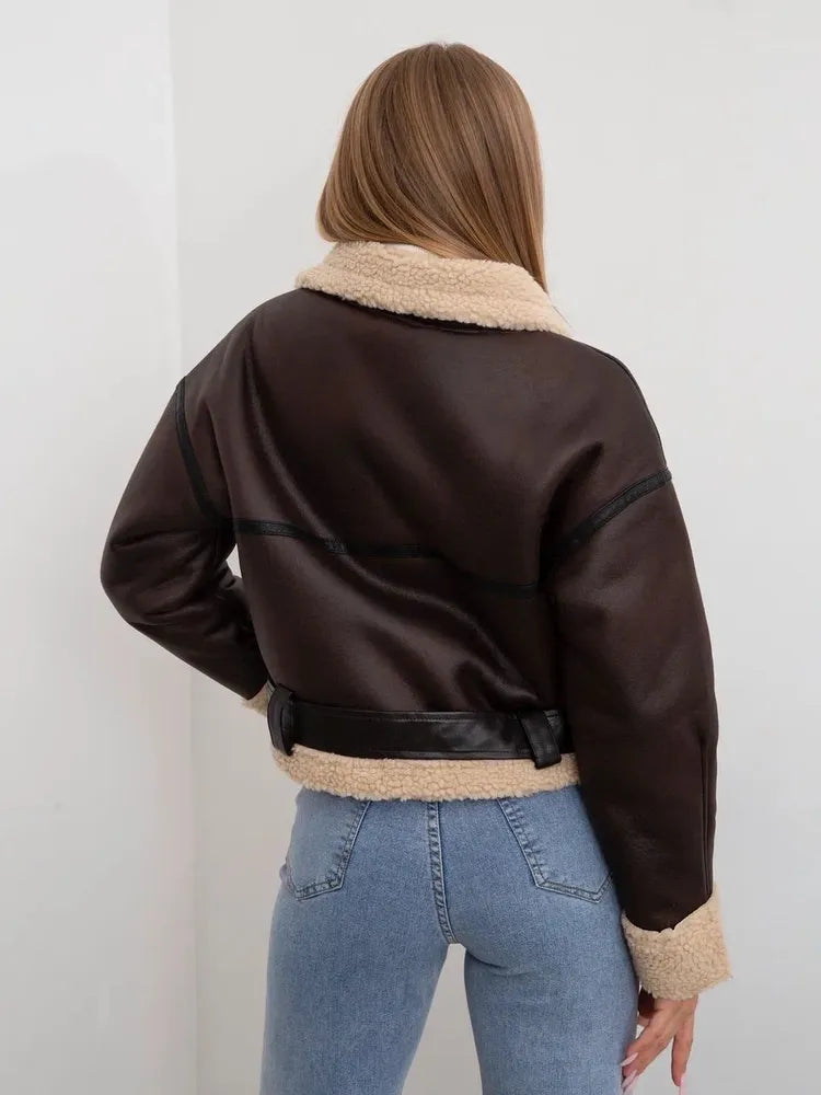 Dámská moto bunda z PU ovčí kůže – krátký motorkářský kabát s páskem na zimu 