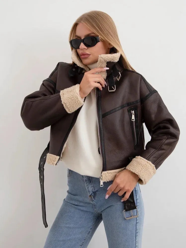 Chaqueta motera de piel sintética para mujer: abrigo corto estilo motociclista con cinturón para invierno