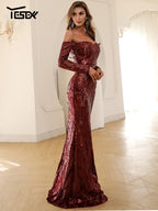 Off-Shoulder Sequin Maxi Dress