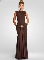 Metal Flower Backless Ruched Maxi Dress