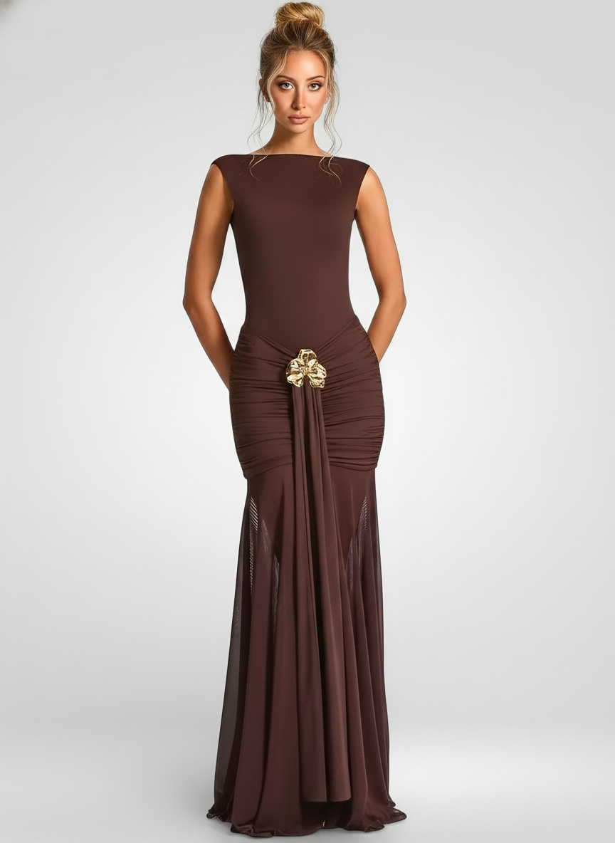 Metal Flower Backless Ruched Maxi Dress