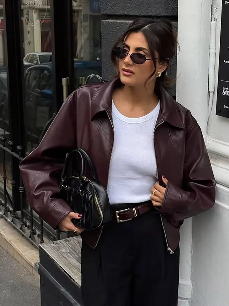 Wine Red Faux Leather Jacket – Minimalist Zip-Up Outerwear