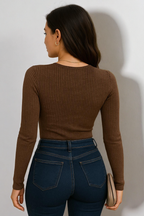 Ruched V-Neck Knit Top – Long Sleeve Flared Hem Sweater