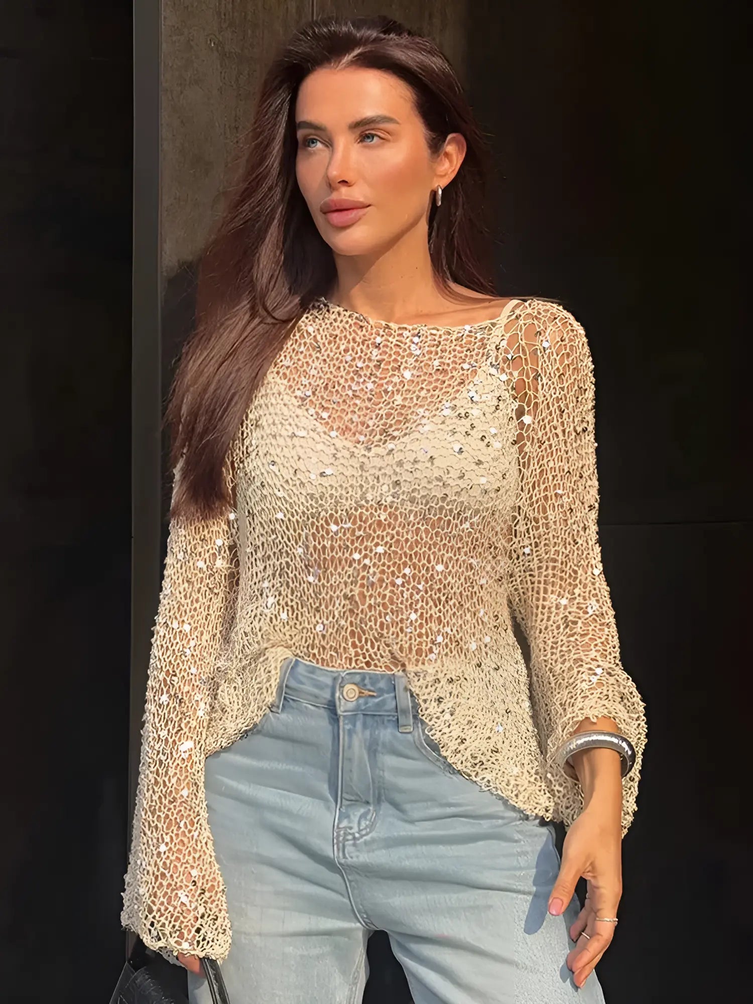 Sheer Knit Sweater – Glimmer Effect with Relaxed Fit
