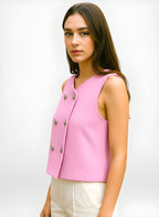 Kurze rosa Weste für Damen – Zweireihiges ärmelloses Top