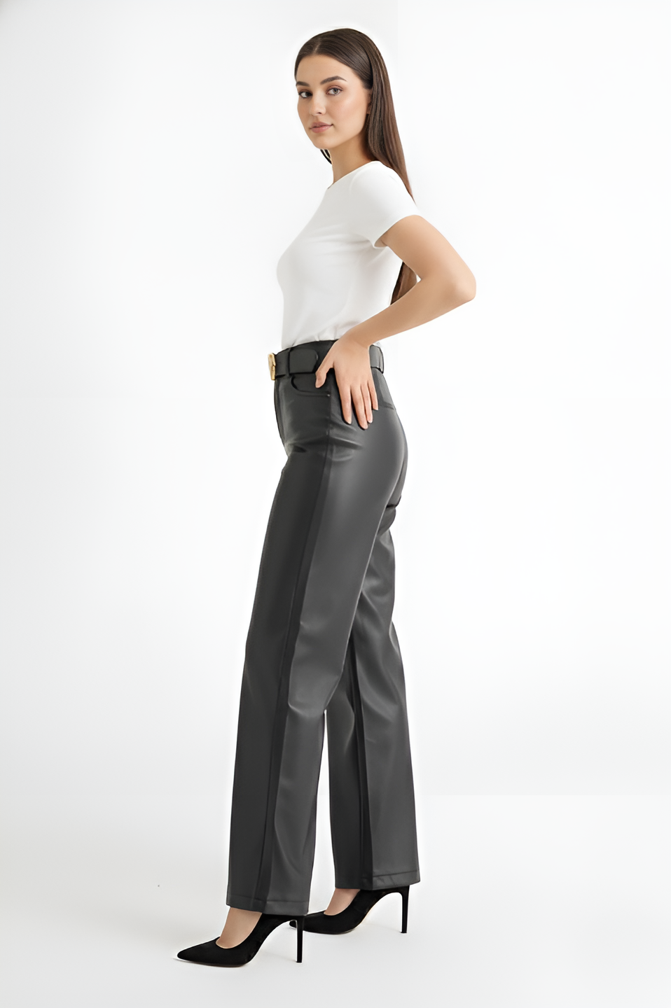 Wide-Leg Leather Pants -Black