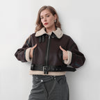 Women’s PU Shearling Moto Jacket – Short Belted Streetwear Biker Coat for Winter