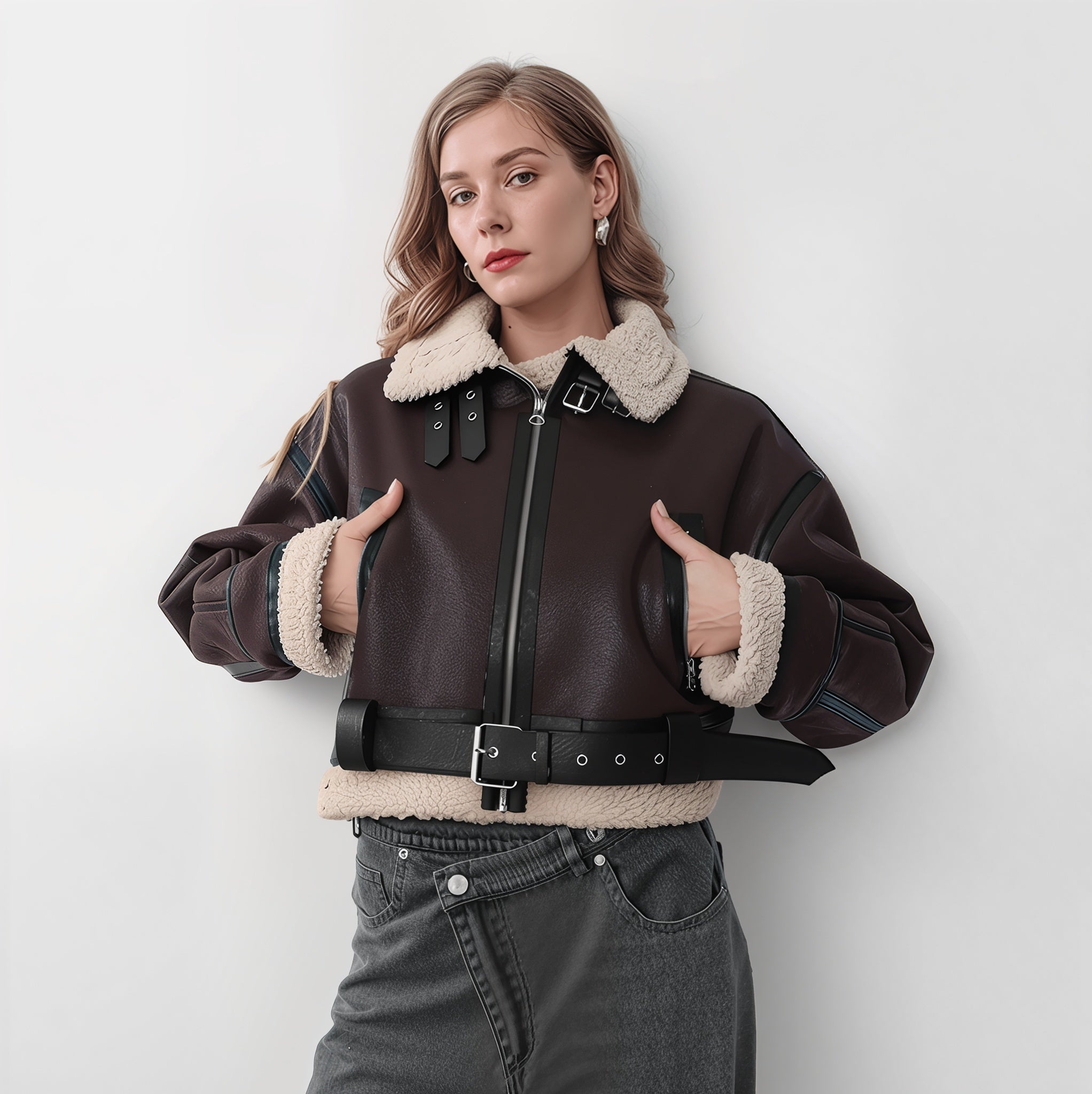 Women’s PU Shearling Moto Jacket – Short Belted Streetwear Biker Coat for Winter