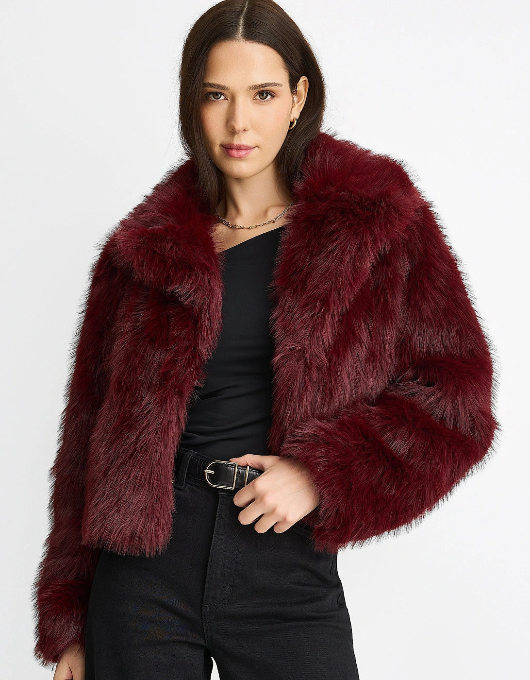 Burgundy Fur Long-Sleeve Coat