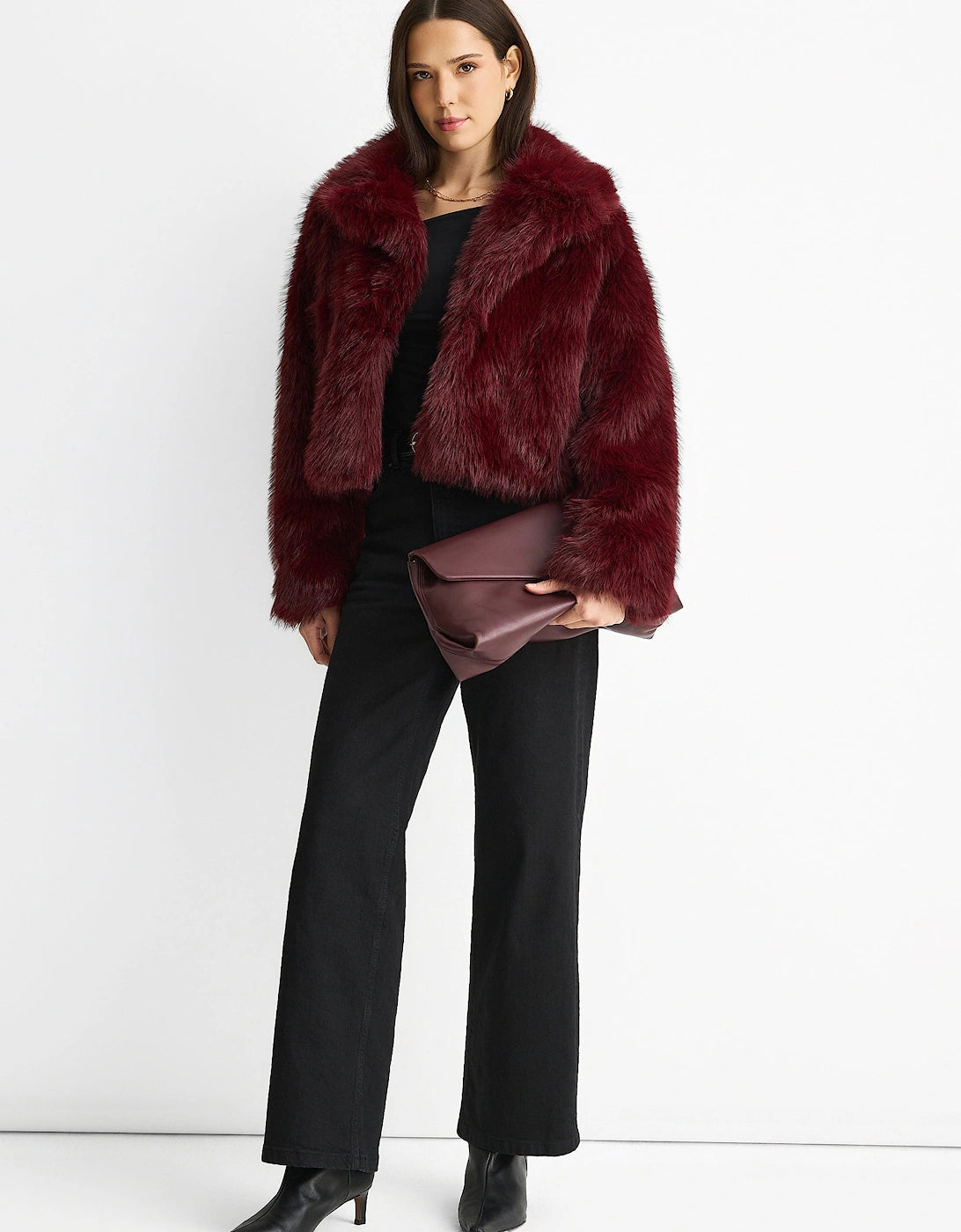 Burgundy Fur Long-Sleeve Coat