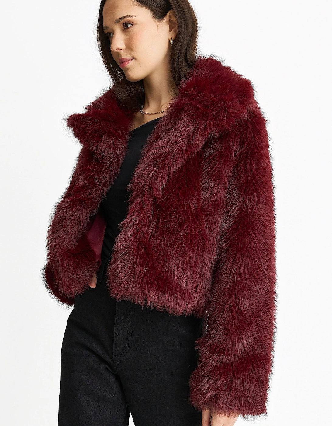 Burgundy Fur Long-Sleeve Coat