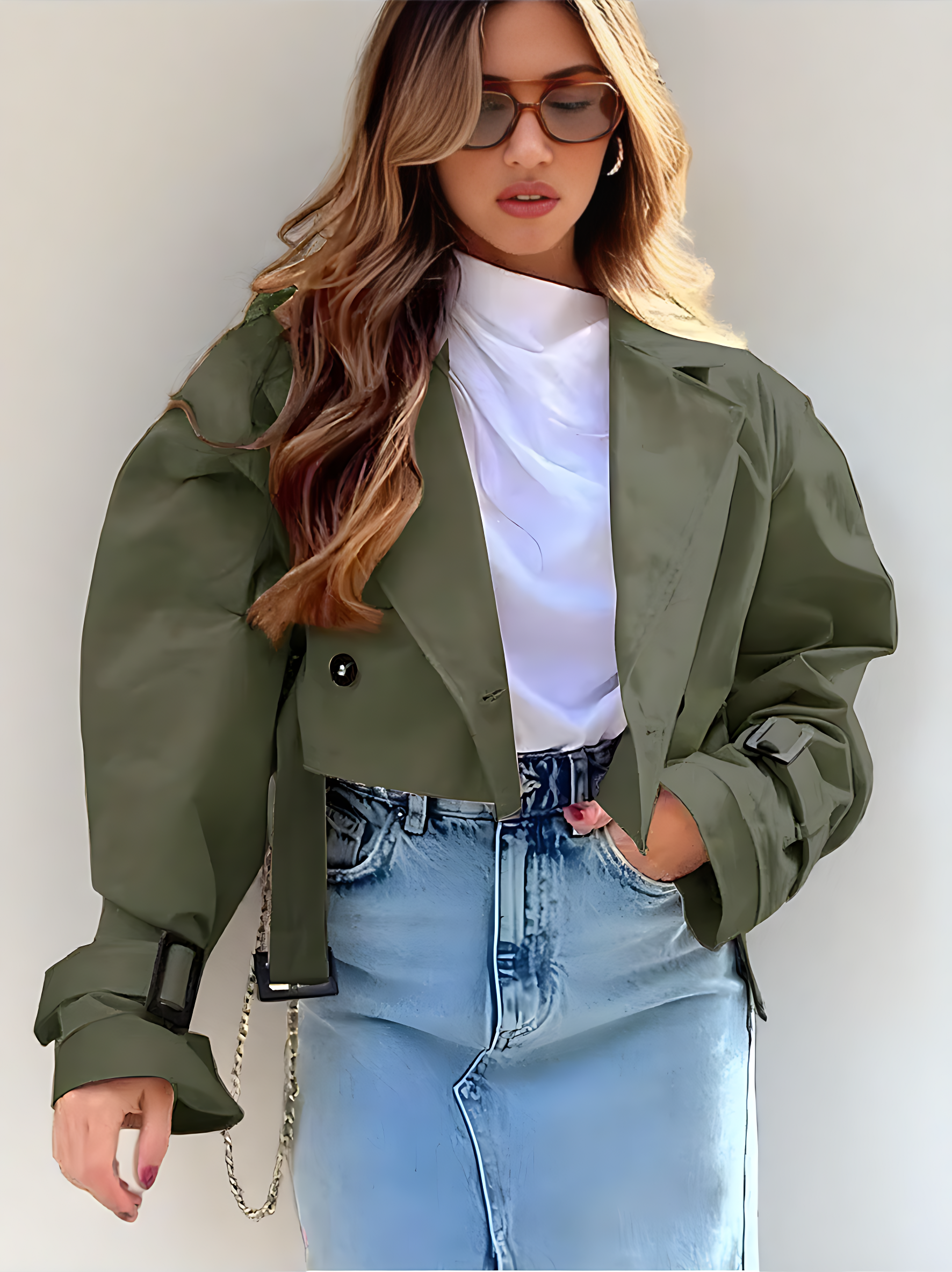 Women’s Cropped Double-Breasted Windbreaker – Retro Belted Streetwear Trench Jacket