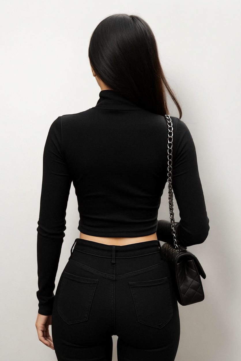 Žebrovaný rolák Crop Top – Dlouhý rukáv Slim Fit