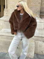 Women's Retro Plush Vegan Fur Lapel Jacket – Soft Cropped Winter Coat