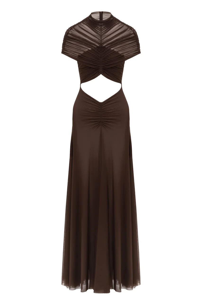 Coffee Mesh Cut-Out Maxi Dress