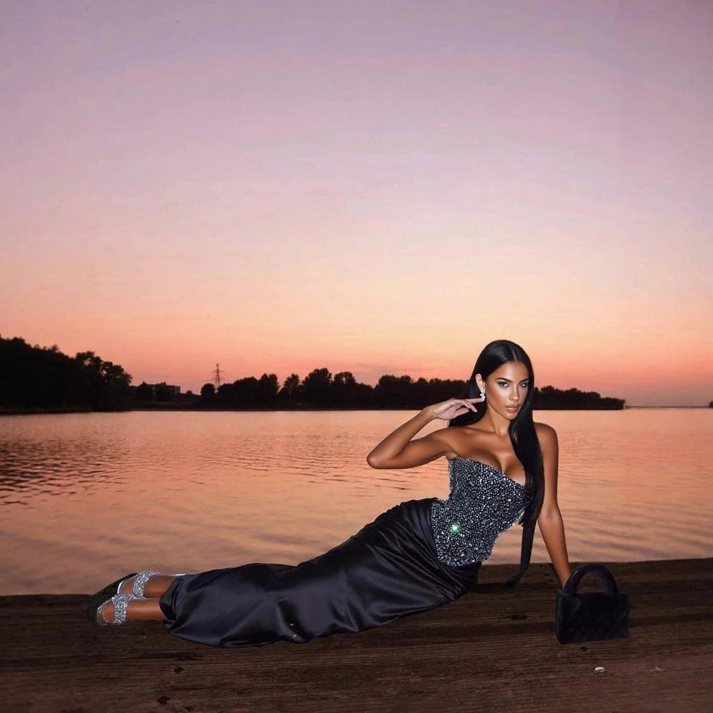 Women's Sequin Crop Top & Satin Maxi Skirt Set