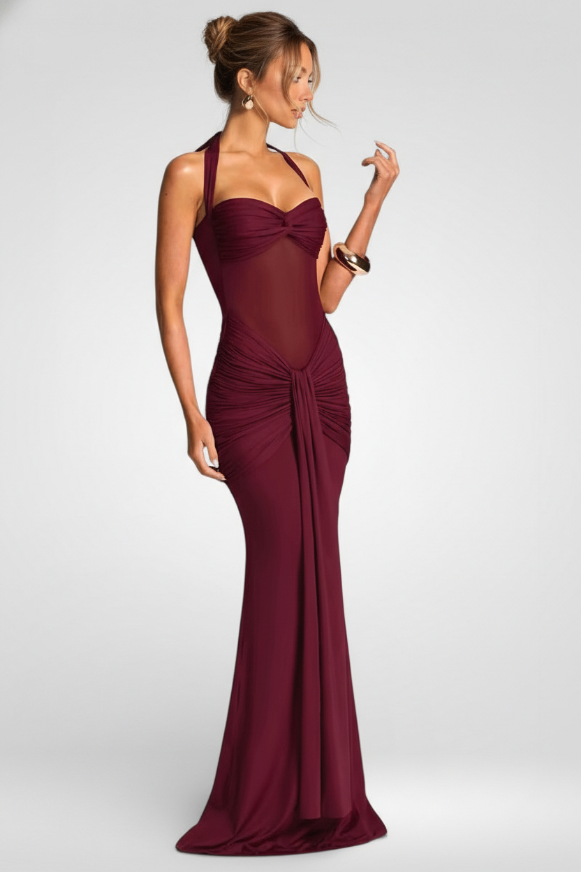 Ruched Halter Off-Shoulder Maxi Dress