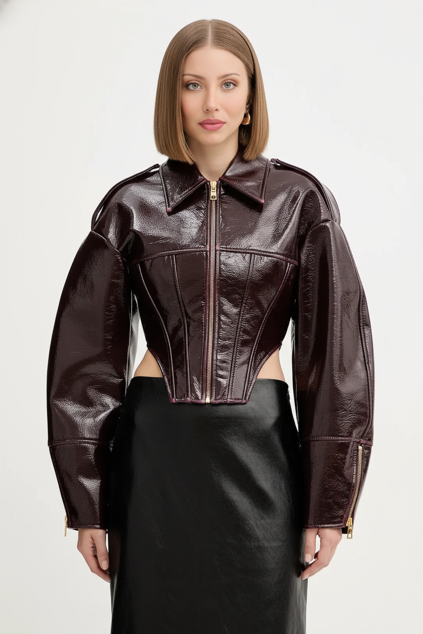 Cinched-Waist Faux Leather Zip Jacket