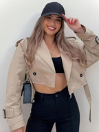 Women’s Cropped Double-Breasted Windbreaker – Retro Belted Streetwear Trench Jacket