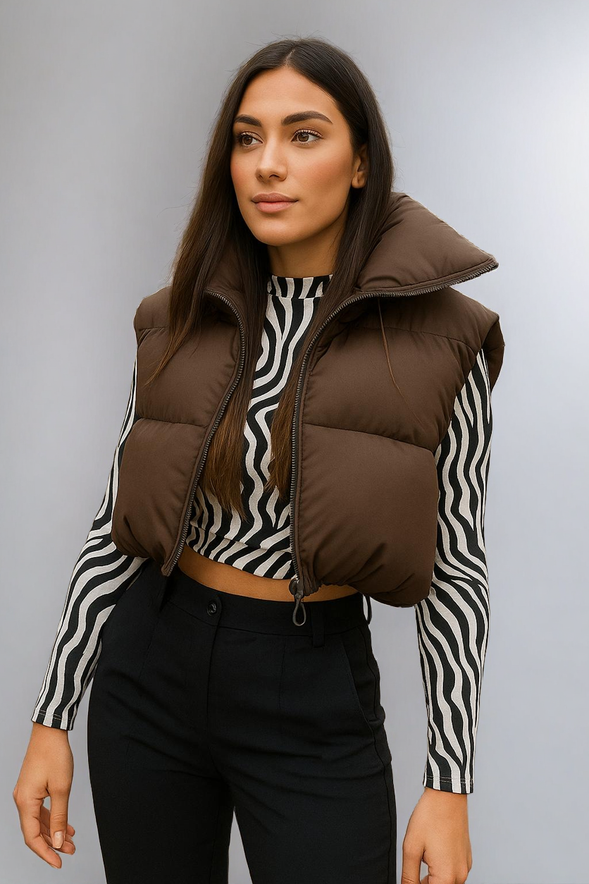 Women's Cropped Puffer Vest – Black Stand Collar Winter Layer