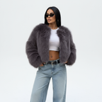 Dámská zimní plyšová kožešinová krátká bunda – silné ležérní svrchní oblečení s kapsami, výstřih do O